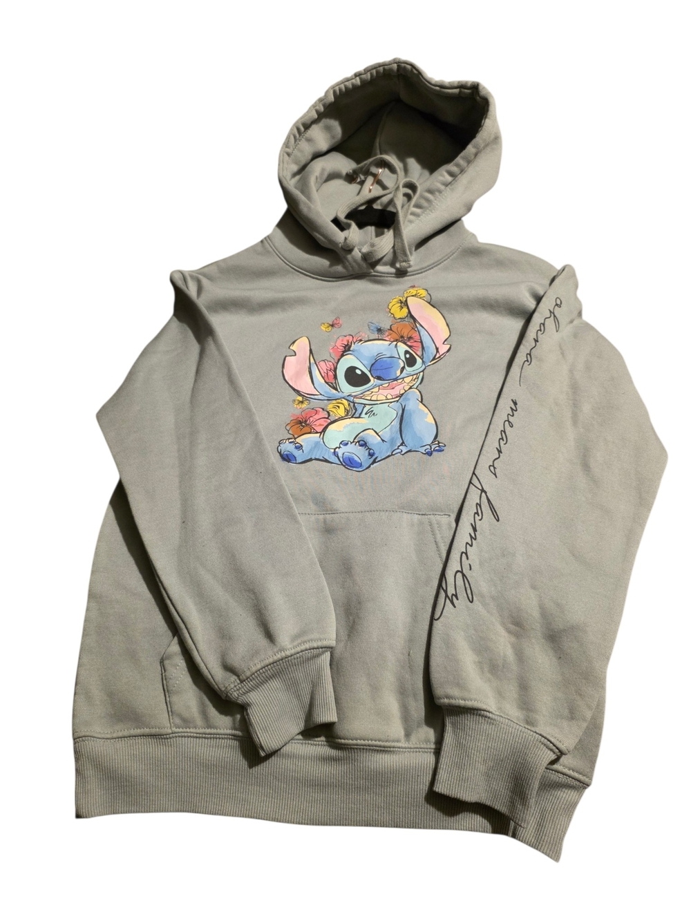​Disney Lilo & Stitch Floral Hoodie Sweatshirt Sage Gray XS "Ohana Means Family"